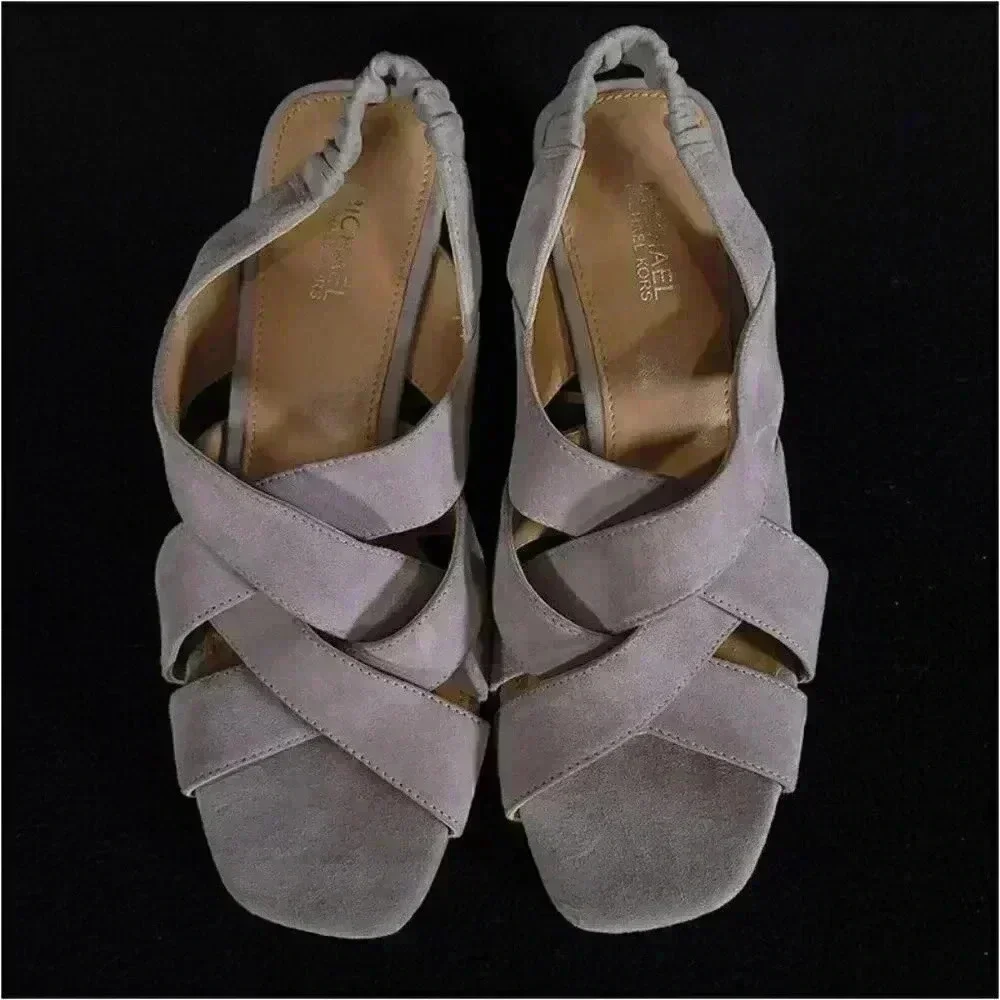 Michael Kors Dixon Heeled Sandals Dove Gray Women's 6 M Open Toe Suede Strappy